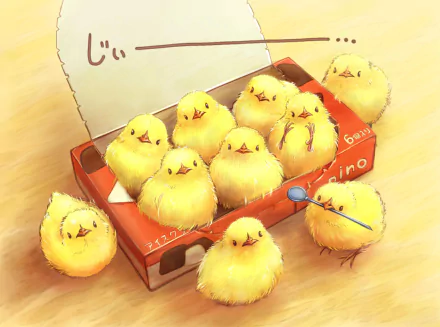 A group of fluffy, fantasy-style chicks gathered around and inside a small red box, illustrated in vibrant colors as an HD PC desktop wallpaper background.