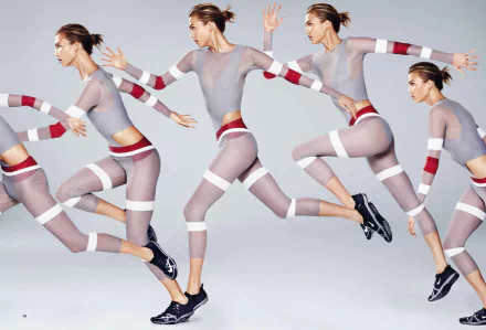 4K Ultra HD PC desktop wallpaper: a celebrity model captured in multiple running poses, wearing translucent athleticwear with red accents on a pale gray background.