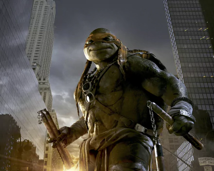 4K Ultra HD PC desktop wallpaper featuring a detailed Teenage Mutant Ninja Turtles (2014) character standing amidst a cityscape at night.