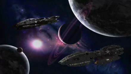 HD PC desktop wallpaper from the TV show Battlestar Galactica (2003): two battlestars glide past a ringed planet and moons against a purple nebula and starfield.