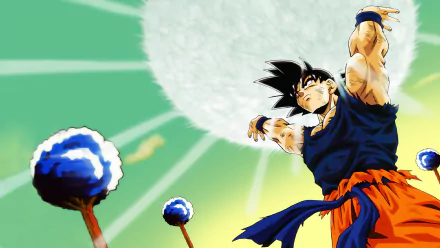 HD desktop wallpaper featuring Goku from Dragon Ball Z preparing a powerful energy attack against a vibrant green background with dramatic lighting and two trees in the foreground.