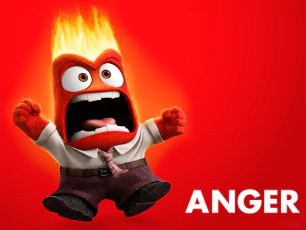 HD desktop wallpaper featuring Anger from the movie Inside Out, with fiery hair and an intense expression against a bright red background.
