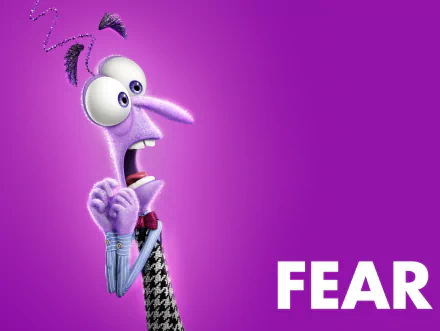 HD PC desktop wallpaper/background of Fear from the movie Inside Out: lanky purple, wide-eyed character on a vivid magenta backdrop with FEAR text.