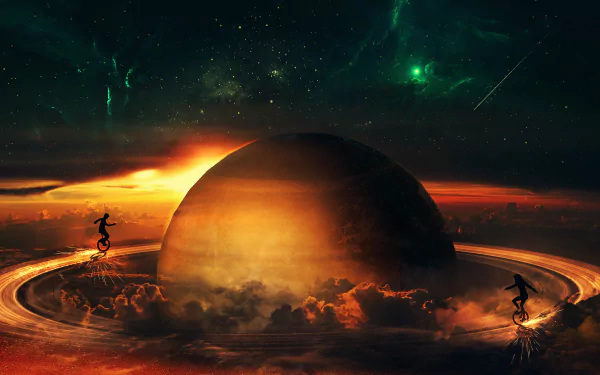 A vibrant sci-fi scene featuring a massive planetary ring encircling a dark planet, set against a dramatic sky with glowing clouds, captured in 4K Ultra HD detail.