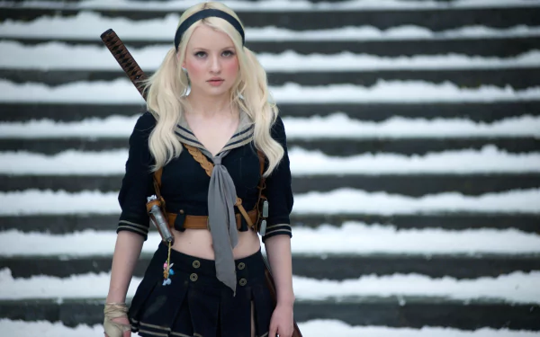 A 4K Ultra HD wallpaper featuring Emily Browning as Babydoll from Sucker Punch, standing on snowy steps with a determined expression and a sword at her side.
