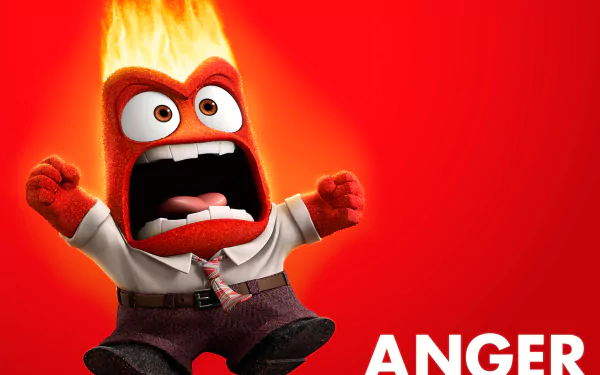 HD desktop wallpaper featuring Anger from the movie Inside Out, with fiery hair and an intense expression against a bright red background.