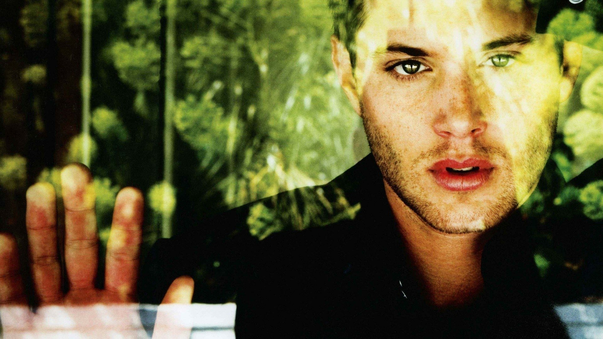 A striking HD wallpaper featuring a character from the TV show Supernatural, depicting an intense close-up of a young man's face with his hand pressed against a glass surface.