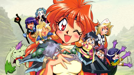 HD PC desktop wallpaper featuring vibrant anime characters from Slayers, showcasing the main heroine with a cheerful expression surrounded by her diverse companions.