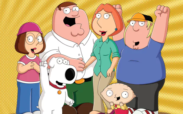 Family Guy TV show HD PC desktop wallpaper: Peter, Lois, Meg, Chris, Stewie and Brian posing cheerfully on a yellow radial background.