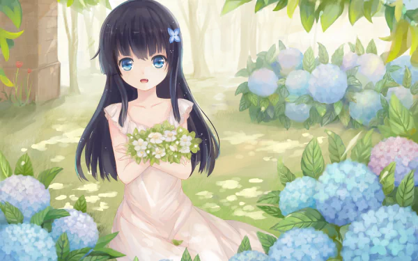 A beautiful HD anime wallpaper featuring Rea Sanka from Sankarea, depicting her in a serene garden surrounded by vibrant blue hydrangeas, holding a bouquet of flowers.