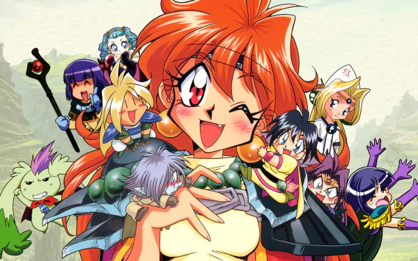 HD PC desktop wallpaper featuring vibrant anime characters from Slayers, showcasing the main heroine with a cheerful expression surrounded by her diverse companions.