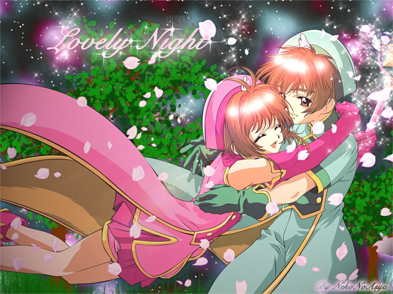 A vibrant HD wallpaper from the anime Cardcaptor Sakura, featuring the characters in a joyful embrace surrounded by falling petals and the text Lovely Night.