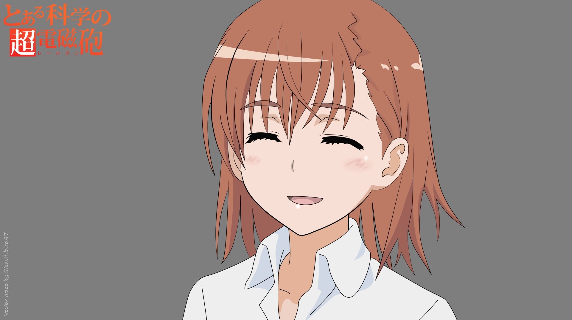 Mikoto Misaka from A Certain Scientific Railgun, smiling anime bust portrait in a 4K Ultra HD PC desktop wallpaper on gray background.