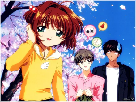 A vibrant anime scene from Cardcaptor Sakura featuring Sakura, Syaoran, and Tomoyo under cherry blossoms, showcasing their playful expressions in a colorful, cheerful setting.