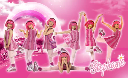 HD PC desktop wallpaper and background featuring Stephanie from the TV show LazyTown in multiple playful pink poses against a bright pink, cloud-like backdrop.