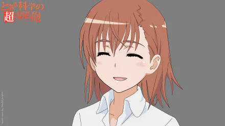 Mikoto Misaka from A Certain Scientific Railgun, smiling anime bust portrait in a 4K Ultra HD PC desktop wallpaper on gray background.