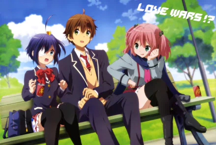 HD wallpaper featuring Satone Shichimiya and Yūta Togashi from Love, Chunibyo & Other Delusions, portraying a vibrant scene of friendship and playful rivalry.