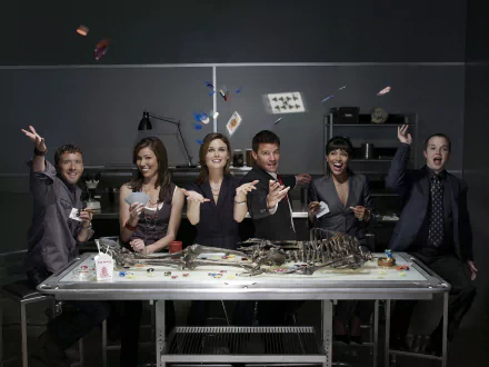 Zack Addy Eric Millegan Camille Saroyan Tamara Taylor Jack Hodgins T.J. Thyne Angela Montenegro Michaela Conlin Seeley Booth David Boreanaz Emily Deschanel Temperance Brennan TV Show Bones (TV Show) HD Desktop Wallpaper | Background Image