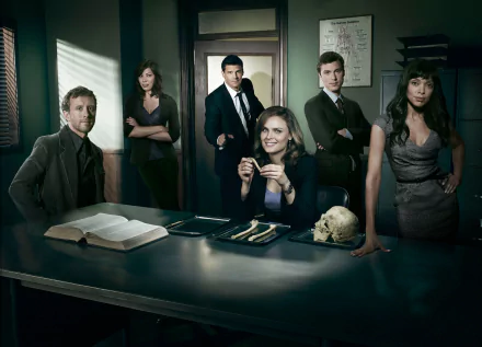 Lance Sweets John Francis Daley Camille Saroyan Tamara Taylor Jack Hodgins T.J. Thyne Angela Montenegro Michaela Conlin Seeley Booth David Boreanaz Emily Deschanel Temperance Brennan TV Show Bones (TV Show) HD Desktop Wallpaper | Background Image