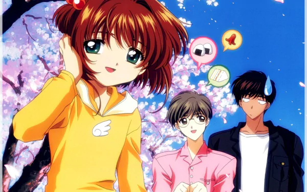 A vibrant anime scene from Cardcaptor Sakura featuring Sakura, Syaoran, and Tomoyo under cherry blossoms, showcasing their playful expressions in a colorful, cheerful setting.