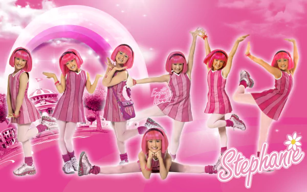 HD PC desktop wallpaper and background featuring Stephanie from the TV show LazyTown in multiple playful pink poses against a bright pink, cloud-like backdrop.