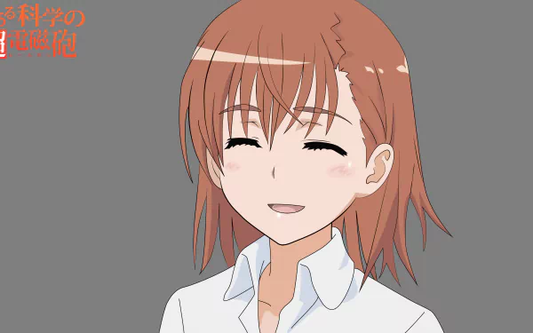 Mikoto Misaka from A Certain Scientific Railgun, smiling anime bust portrait in a 4K Ultra HD PC desktop wallpaper on gray background.