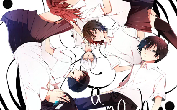 A dynamic HD wallpaper featuring characters Izumi Akazawa, Kouichi Sakakibara, and Mei Misaki from the anime Another, arranged in an intriguing circular composition.