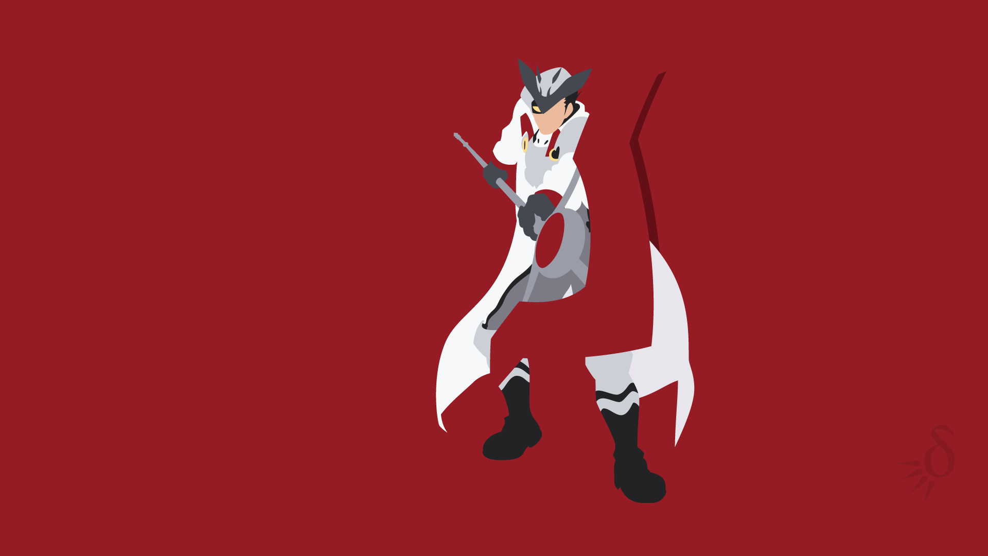 A minimalist HD wallpaper featuring Bulat from Akame Ga Kill!, showcasing his black hair, yellow eyes, armor, boots, and spear against a bold red background.