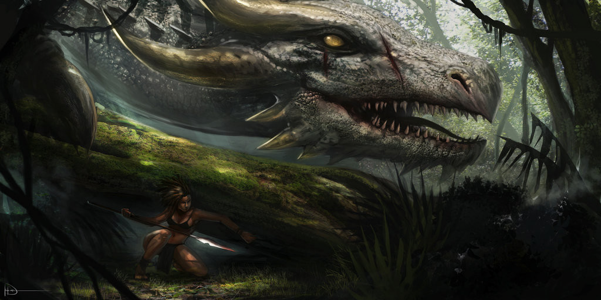 HD fantasy PC desktop wallpaper depicting a fierce dragon emerging from a dark forest with a crouching warrior nearby, set in a mysterious, shadowy environment.