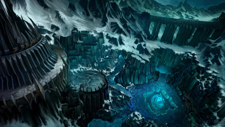 A stunning HD wallpaper depicting the icy landscape of the Pit of Saron from World of Warcraft, featuring dark cliffs and eerie glowing elements in a wintry setting.