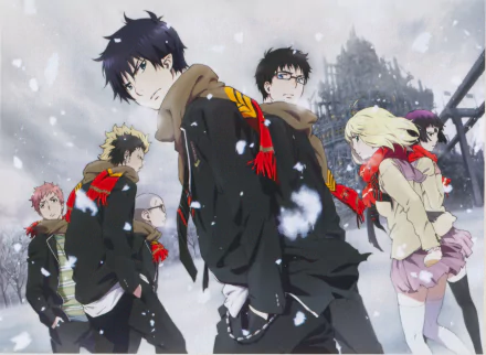 A high-definition desktop wallpaper featuring characters from the anime Blue Exorcist, set against a snowy backdrop with a mysterious structure in the background.