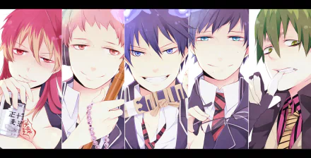 HD anime wallpaper featuring Shura Kirigakure, Renzo Shima, Rin Okumura, Yukio Okumura, and Amaimon from Blue Exorcist in vibrant, detailed art style.