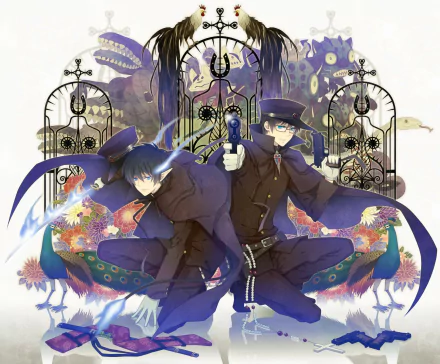HD PC desktop wallpaper featuring Yukio and Rin Okumura from the anime Blue Exorcist, with intricate birdcage and peacock illustrations in the background.