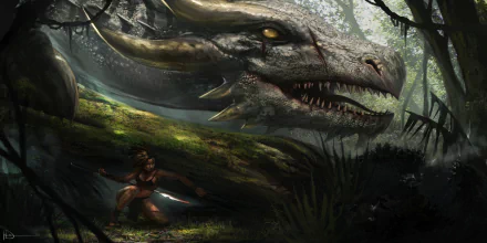 HD fantasy PC desktop wallpaper depicting a fierce dragon emerging from a dark forest with a crouching warrior nearby, set in a mysterious, shadowy environment.