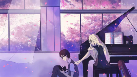 HD desktop wallpaper featuring Kaori Miyazono and Kousei Arima from Your Lie in April, with Kaori touching Kousei's shoulder near a grand piano in a classroom, against a backdrop of cherry blossoms.