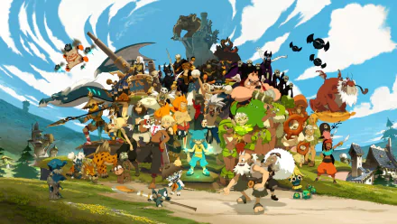 HD desktop wallpaper featuring characters from the anime Wakfu. The vibrant image showcases a diverse group of animated figures against a scenic background with a dynamic sky.