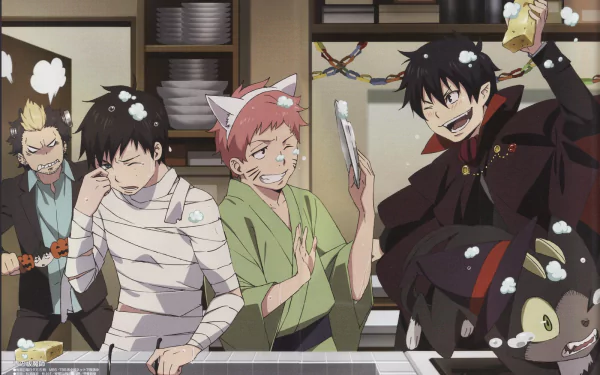 A vibrant HD wallpaper featuring Ryuji Suguro, Yukio Okumura, Renzo Shima, Kuro, and Rin Okumura from Ao No Exorcist, showcasing a lively scene filled with fun and camaraderie.
