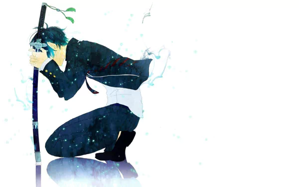 HD PC desktop wallpaper featuring Rin Okumura from the anime Blue Exorcist, crouching with his sword, surrounded by blue flames.