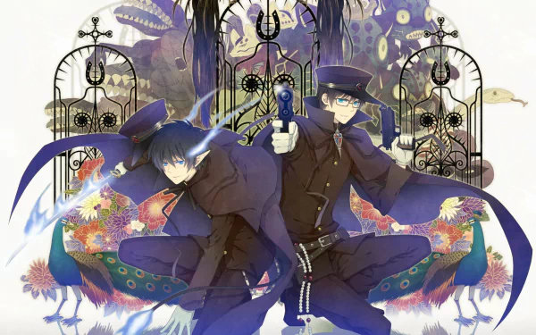 HD PC desktop wallpaper featuring Yukio and Rin Okumura from the anime Blue Exorcist, with intricate birdcage and peacock illustrations in the background.