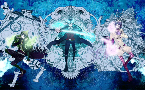 HD wallpaper featuring characters Mephisto Pheles, Amaimon, and Rin Okumura from Ao No Exorcist (Blue Exorcist) against a vibrant blue background.