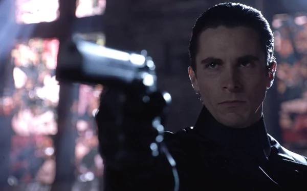 HD desktop wallpaper featuring Christian Bale in a tense scene from the movie Equilibrium, holding a gun and staring intensely.