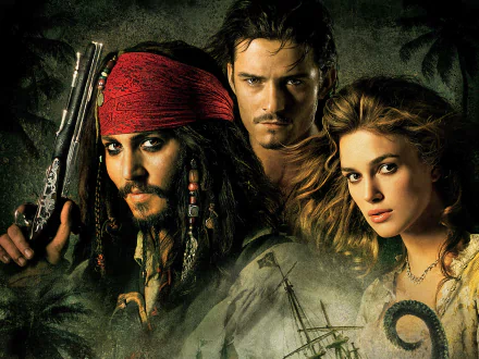 HD wallpaper featuring Elizabeth Swann (Keira Knightley), Will Turner (Orlando Bloom), and Jack Sparrow (Johnny Depp) from the movie Pirates of the Caribbean: Dead Man's Chest.