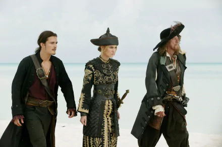 4K Ultra HD wallpaper featuring Elizabeth Swann (Keira Knightley), Will Turner (Orlando Bloom), and Hector Barbossa (Geoffrey Rush) from Pirates of the Caribbean: At World's End.