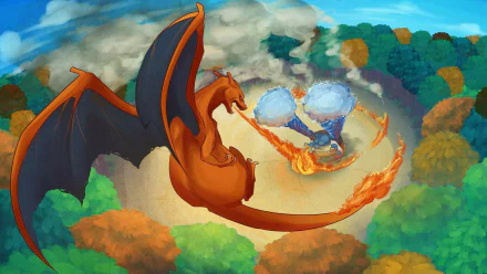 Charizard and Blastoise, two iconic Pokémon, engage in a fiery battle in a vibrant forest arena, depicted in this HD desktop wallpaper for video game enthusiasts.
