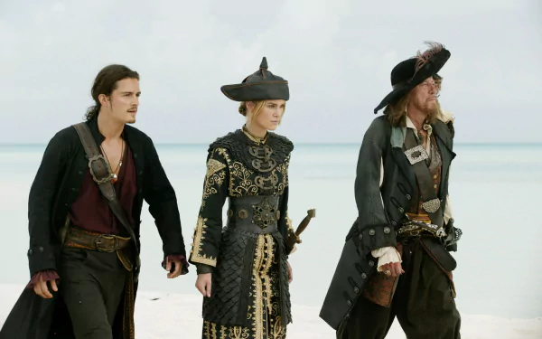 Elizabeth Swann Keira Knightley Will Turner Orlando Bloom Hector Barbossa Geoffrey Rush movie Pirates Of The Caribbean: At World's End HD Desktop Wallpaper | Background Image