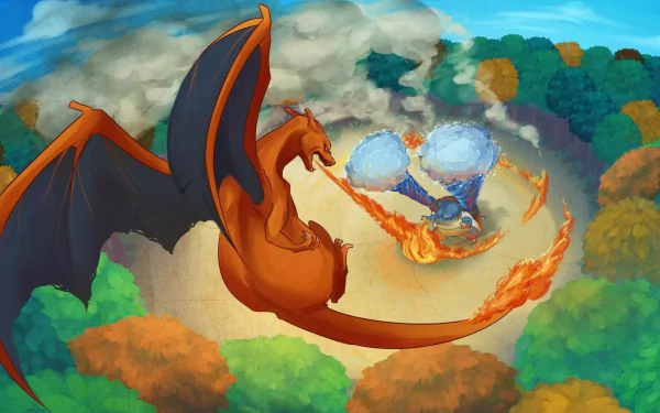 Charizard and Blastoise, two iconic Pokémon, engage in a fiery battle in a vibrant forest arena, depicted in this HD desktop wallpaper for video game enthusiasts.