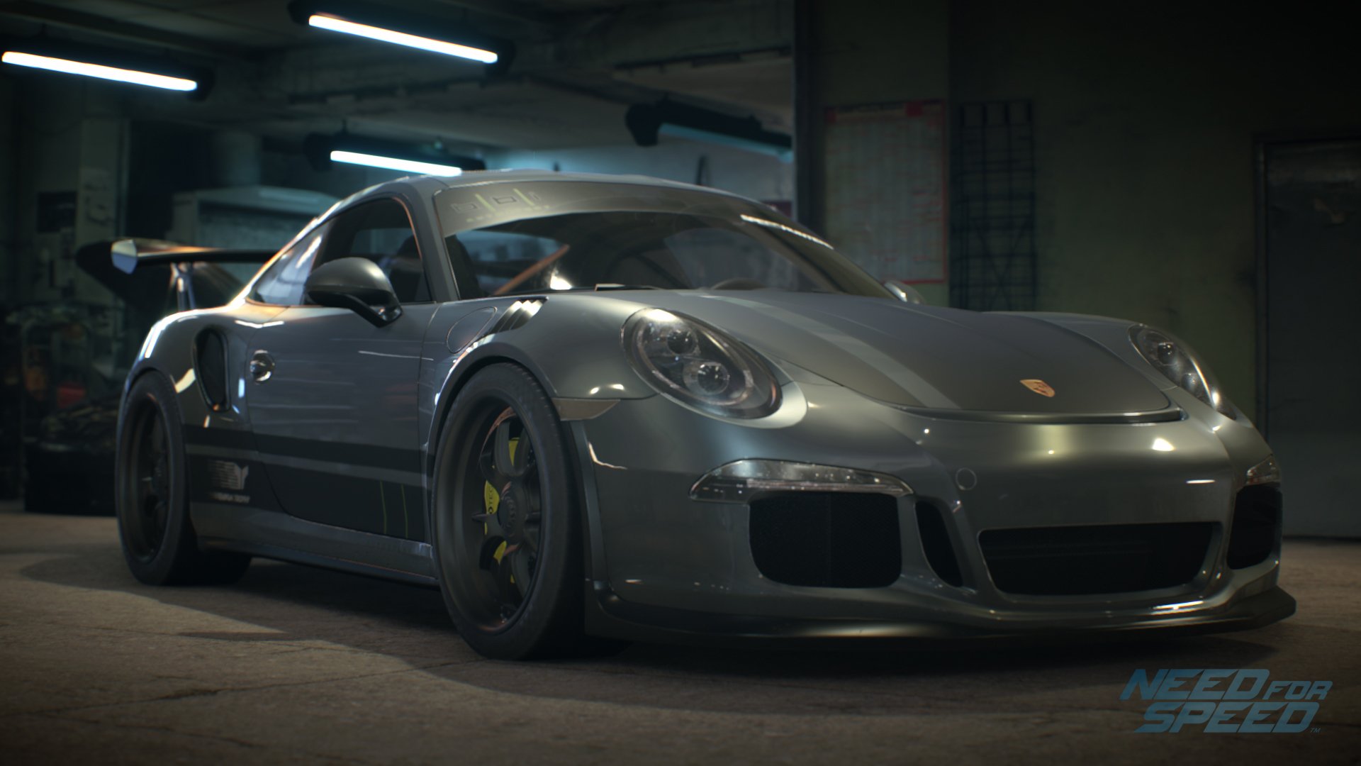 HD PC desktop wallpaper featuring a sleek Porsche sports car from the video game Need For Speed (2015) in a dimly lit garage setting.