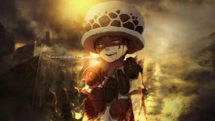 HD wallpaper featuring Trafalgar Law from the anime One Piece, shown in a dramatic and intense scene, bathed in a warm, golden light with a somber expression.