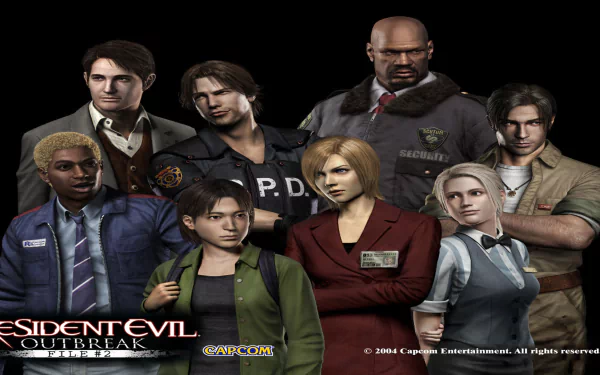 HD PC desktop wallpaper featuring the main characters from the video game Resident Evil Outbreak: File #2 against a black background.