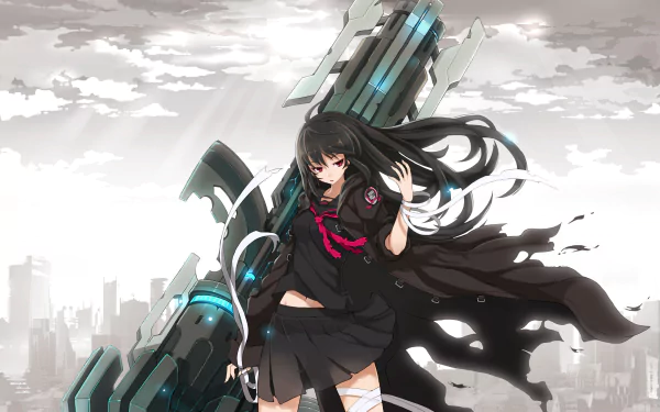 HD PC desktop wallpaper featuring a character from the video game SoulWorker, with a large futuristic weapon and a cityscape under a cloudy sky in the background.